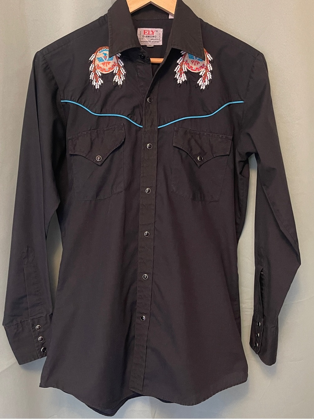 Vintage Ely Diamond Embroidered Headdress Pearl Snap Western Shirt - Black Sz S